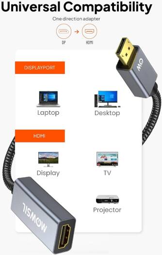 Mowsil DisplayPort to HDMI Adapter (Male to Female) Support 4K x 2K @60HZ Audio/Video, Grey Aluminum Body, Gold Plated Connector Pack of 1, Grey | MODHD - Image 4