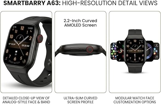 Smartbarry A63 Smartwatch - 2.2-Inch HD Curved AMOLED Screen - Fitness Tracker with Heart Rate, SpO2, and Sleep Monitoring - Water Resistant Sports Watch for Android & iOS - Black - Image 4