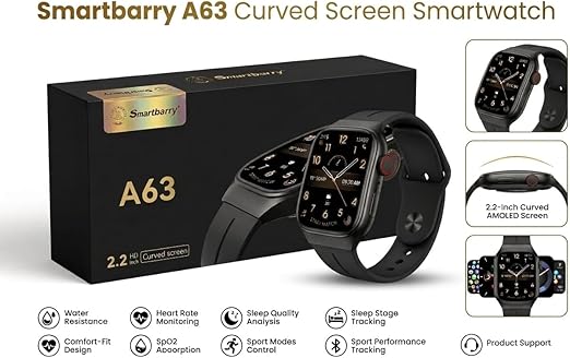 Smartbarry A63 Smartwatch - 2.2-Inch HD Curved AMOLED Screen - Fitness Tracker with Heart Rate, SpO2, and Sleep Monitoring - Water Resistant Sports Watch for Android & iOS - Black - Image 5