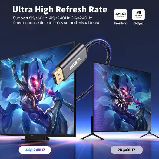 Mowsil DisplayPort Cable 2 Mtr, DP Cable 1.4, 8K@60Hz,Gold-Plated Braided High Speed Display Port Cable for Gaming Monitor, Graphics Card, TV, PC, Laptop, 2 Meter, Gray | MOD8B2 - Image 4